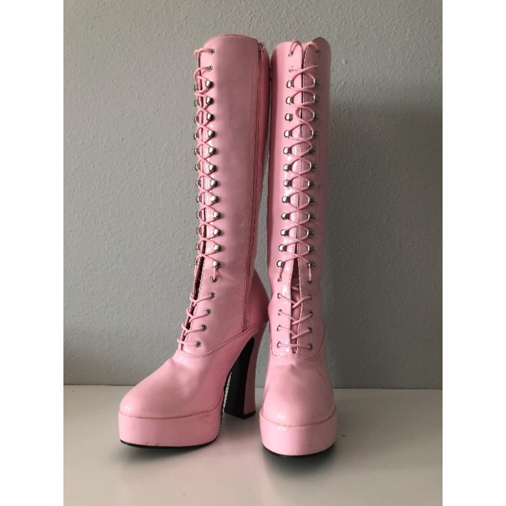 Knee high Pleaser baby pink lace up boots